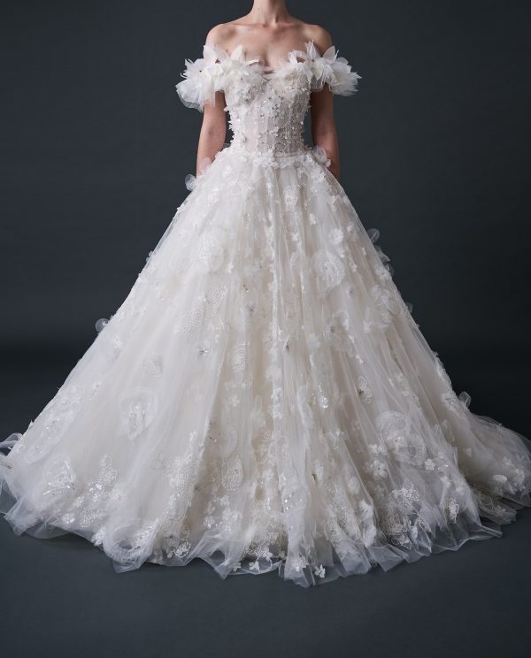 Off-the-shoulder floral ball gown wedding dress with cathedral train by Guillermo Pharis, 3D floral lace bridal gown