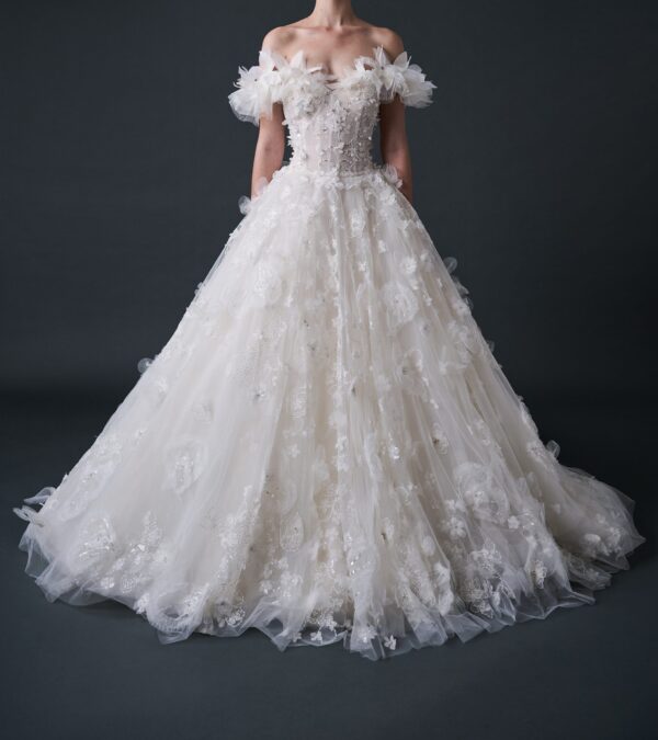 Off-the-shoulder floral ball gown wedding dress with cathedral train by Guillermo Pharis, 3D floral lace bridal gown