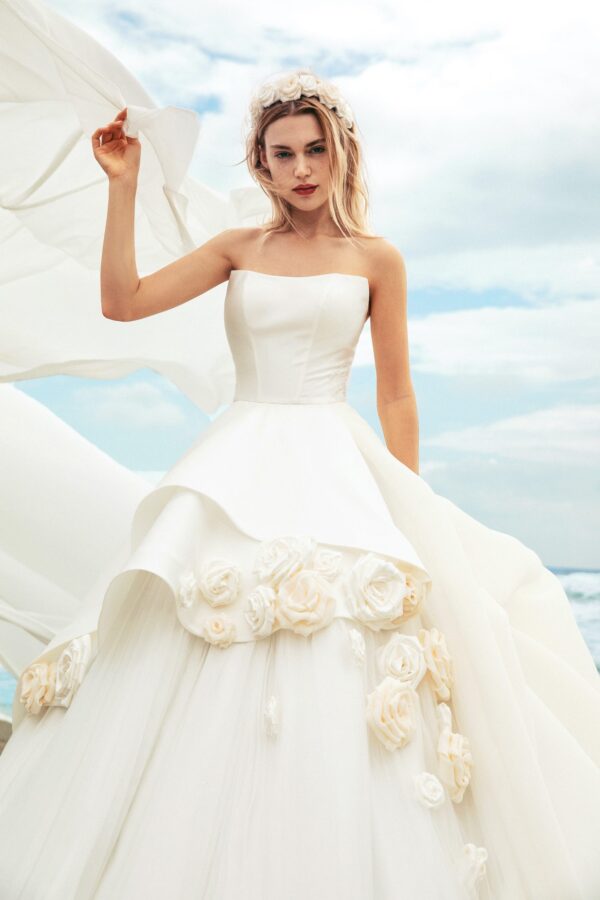 Organza Layered Mikado Strapless Ball Gown With Floral Appliques