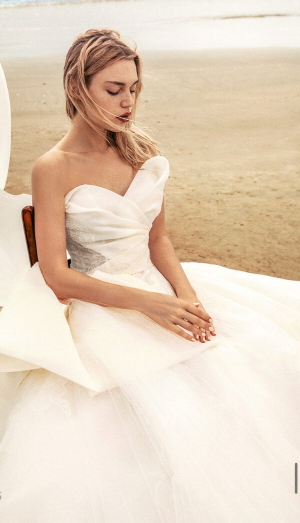 LUZ Ivory Strapless Organza Beaded Lace Wedding Gown