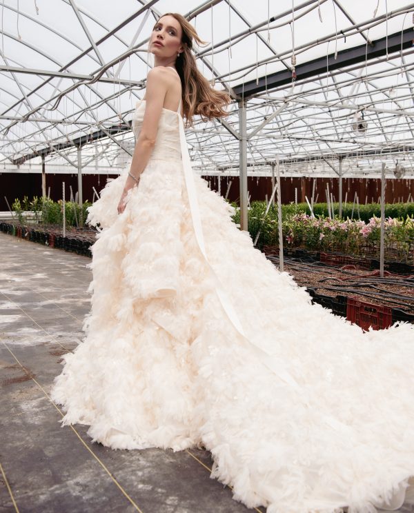 feather-textured bridal dress, luxury bridal gown by Guillermo Pharis, blush strapless wedding gown, blush wedding gown, organza blush gown