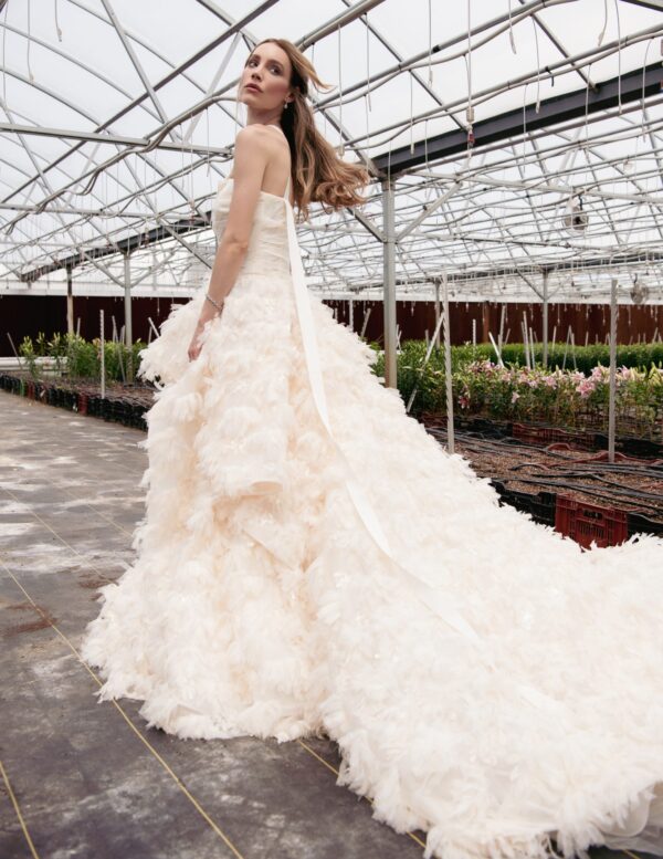 feather-textured bridal dress, luxury bridal gown by Guillermo Pharis, blush strapless wedding gown, blush wedding gown, organza blush gown