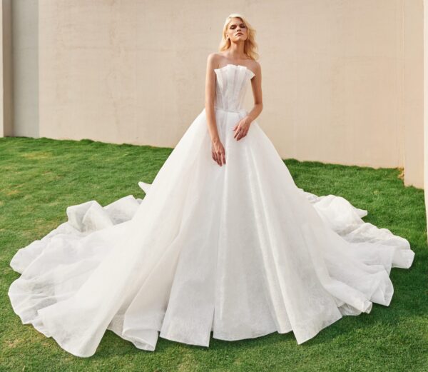 Modern Strapless Ball Gown Wedding Dress with Architectural Bodice
