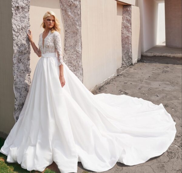 CATHERINE Taffeta Ball Gown With beaded Lace And Elbow Sleeves