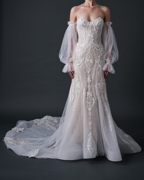 Lace Strapless Fit-and-Flare Gown With Detachable Puff Blouson Sleeves