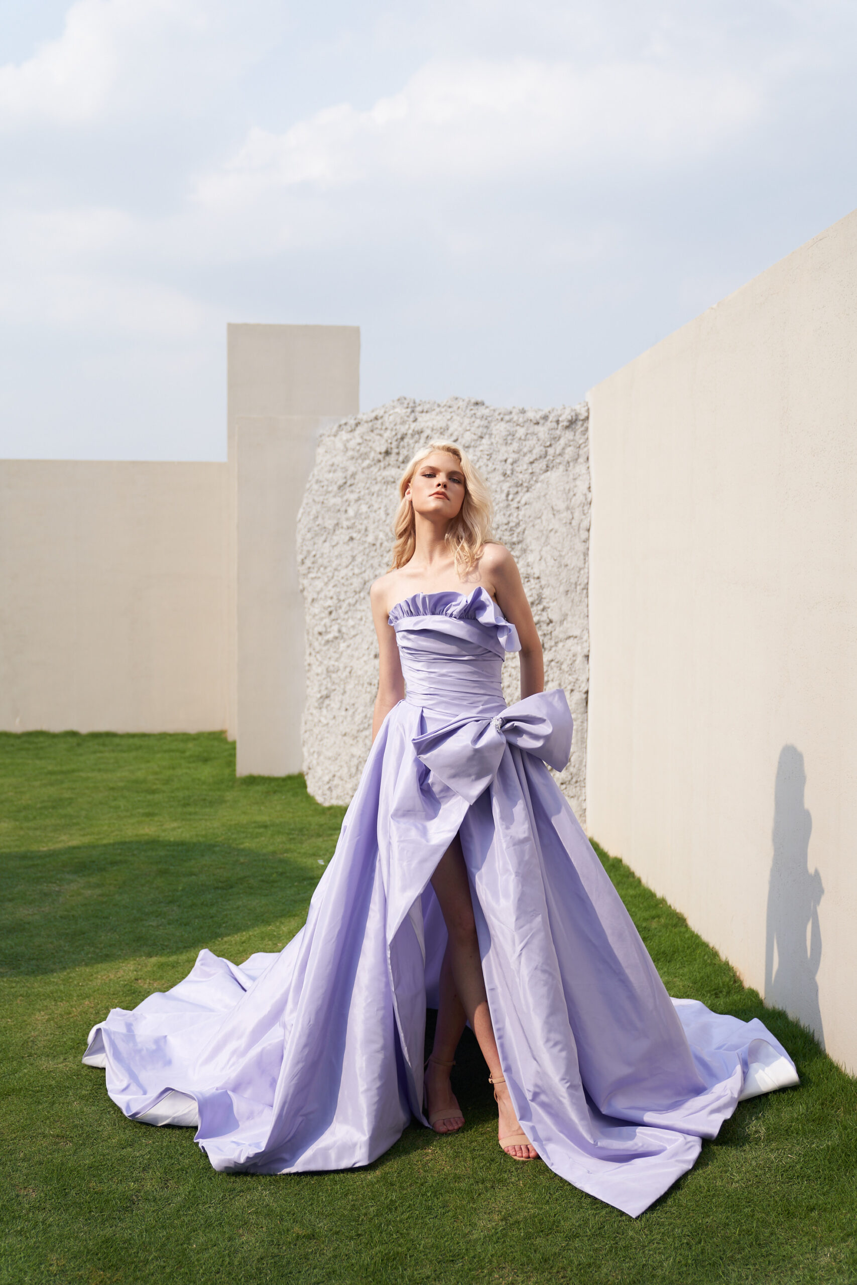 Strapless Lilac Lavender Taffeta Dress with Opening Leg