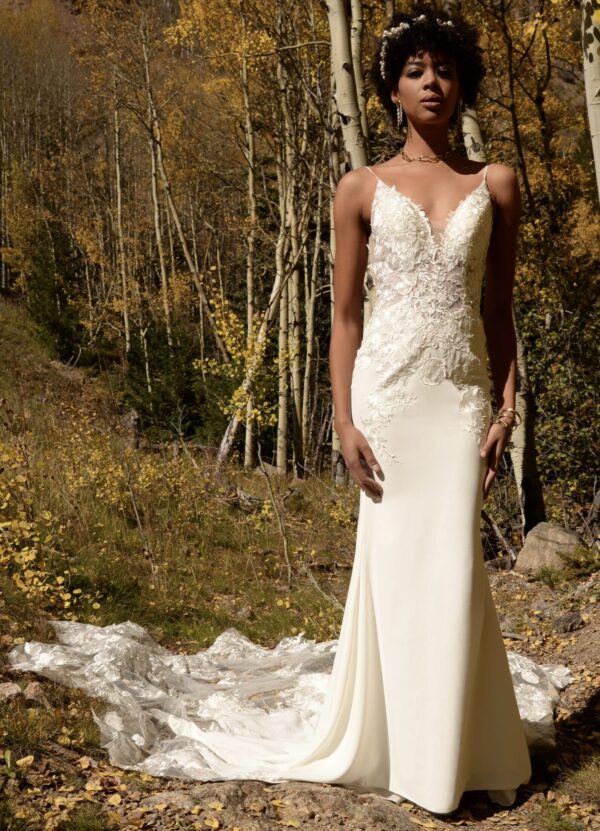 Ethereal fit-and-flare wedding dress with floral lace appliqués, deep V-neckline, and illusion train, perfect for a romantic bride.