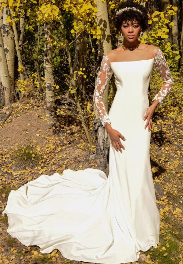 Fit And Flare Crepe Wedding Dress With Illusion Lace Long Sleeves