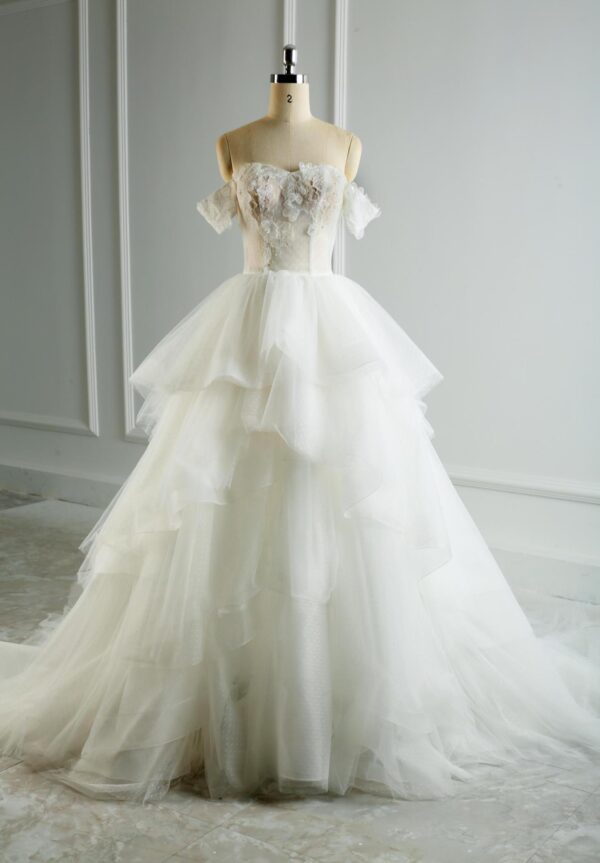 Romantic Off-The-Shoulder Layered Tiered Skirt Tulle Wedding Dress