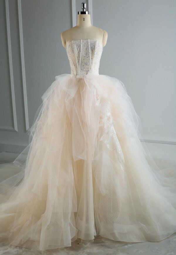 HIBISCUS Strapless Blush Tulle Lace And Crystals Wedding Gown