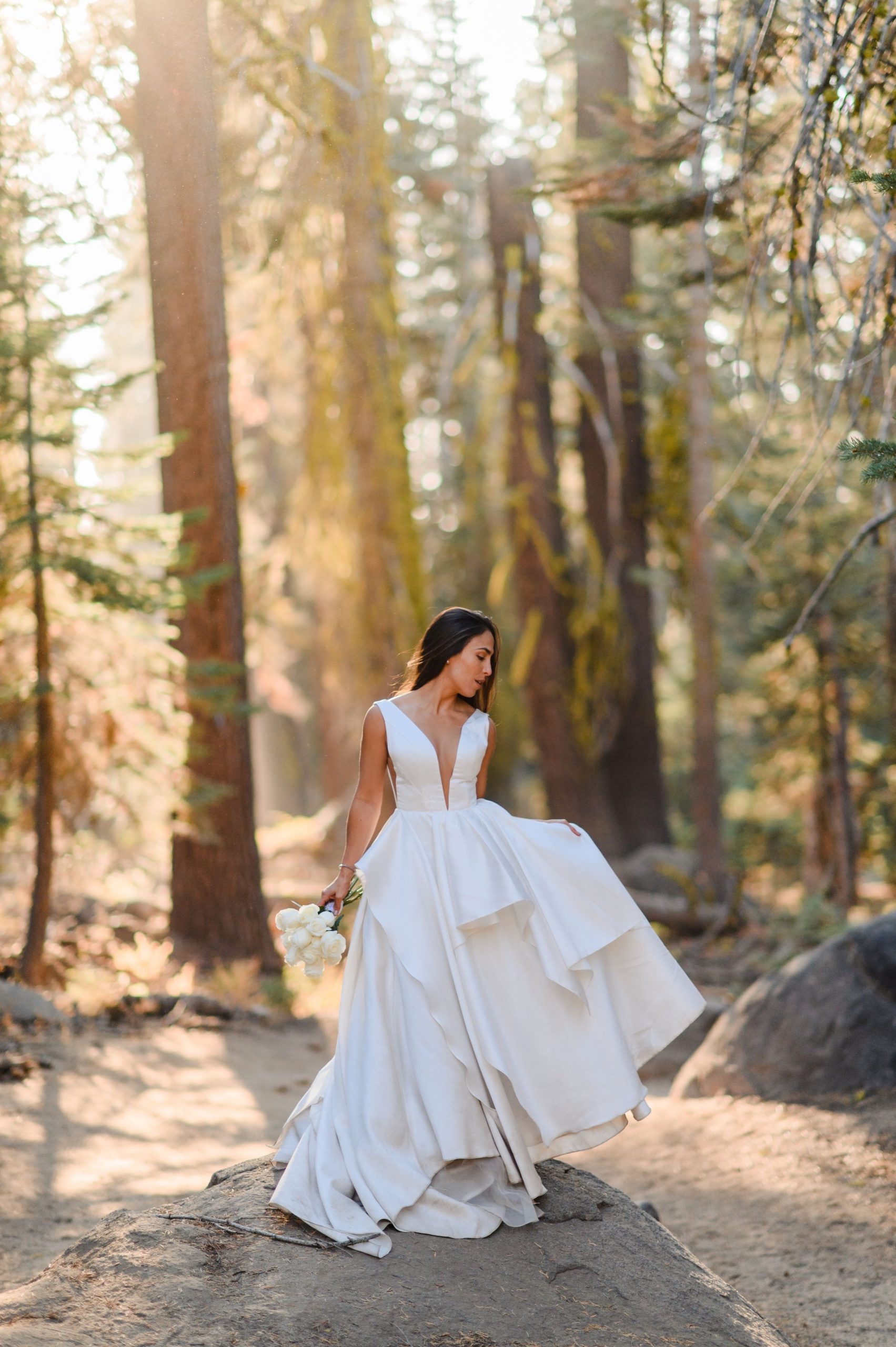 Layered mikado and tulle ball gown with deep V neckline by Guillermo Pharis
