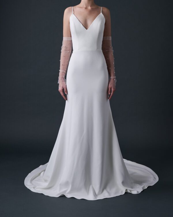ELIZA Crepe Fit And Flare V Cleavage V Back With Pearls And Spaghetti Straps
