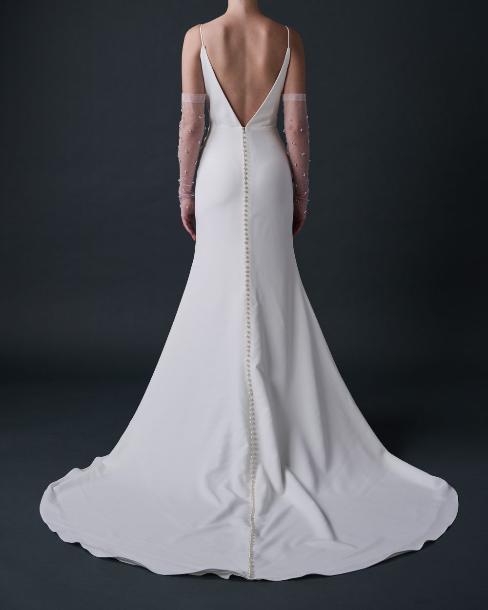 ELIZA Crepe Fit And Flare V Cleavage V Back With Pearls And Spaghetti Straps - Image 2