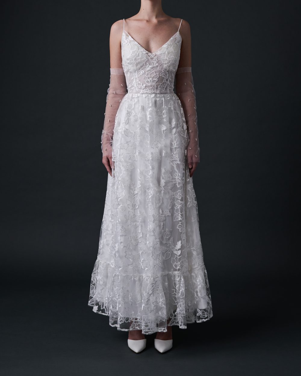 BLANCHE Floral Lace Tea Length V Neckline With Opening Back