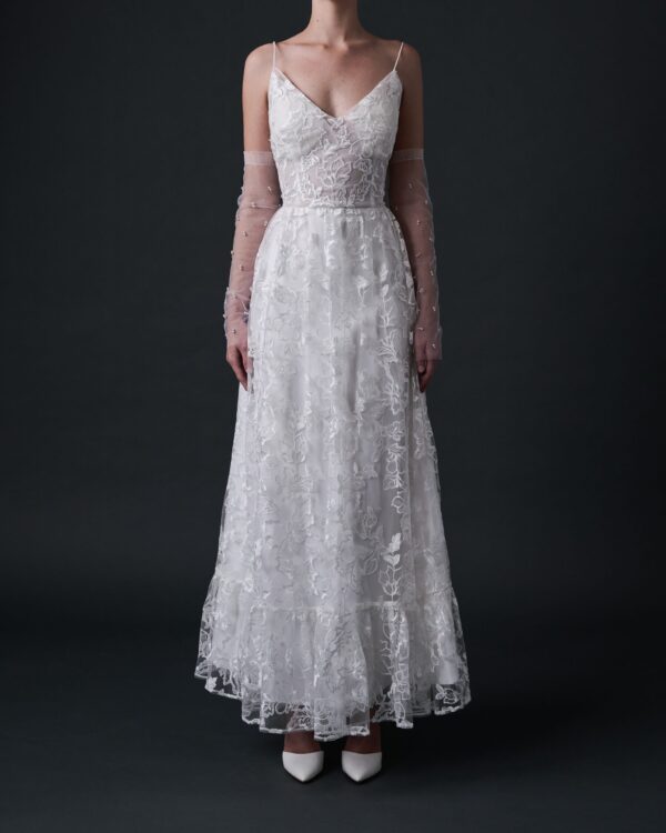 BLANCHE Floral Lace Tea Length V Neckline With Opening Back