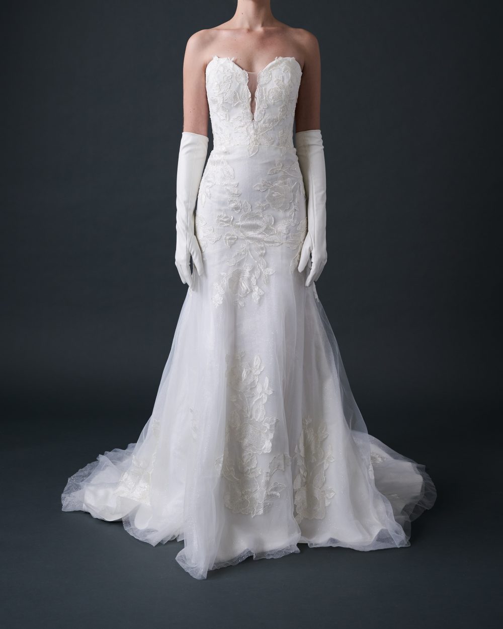 Strapless Lace Fit And Flare Wedding Dress With Sweetheart Plunging Neckline