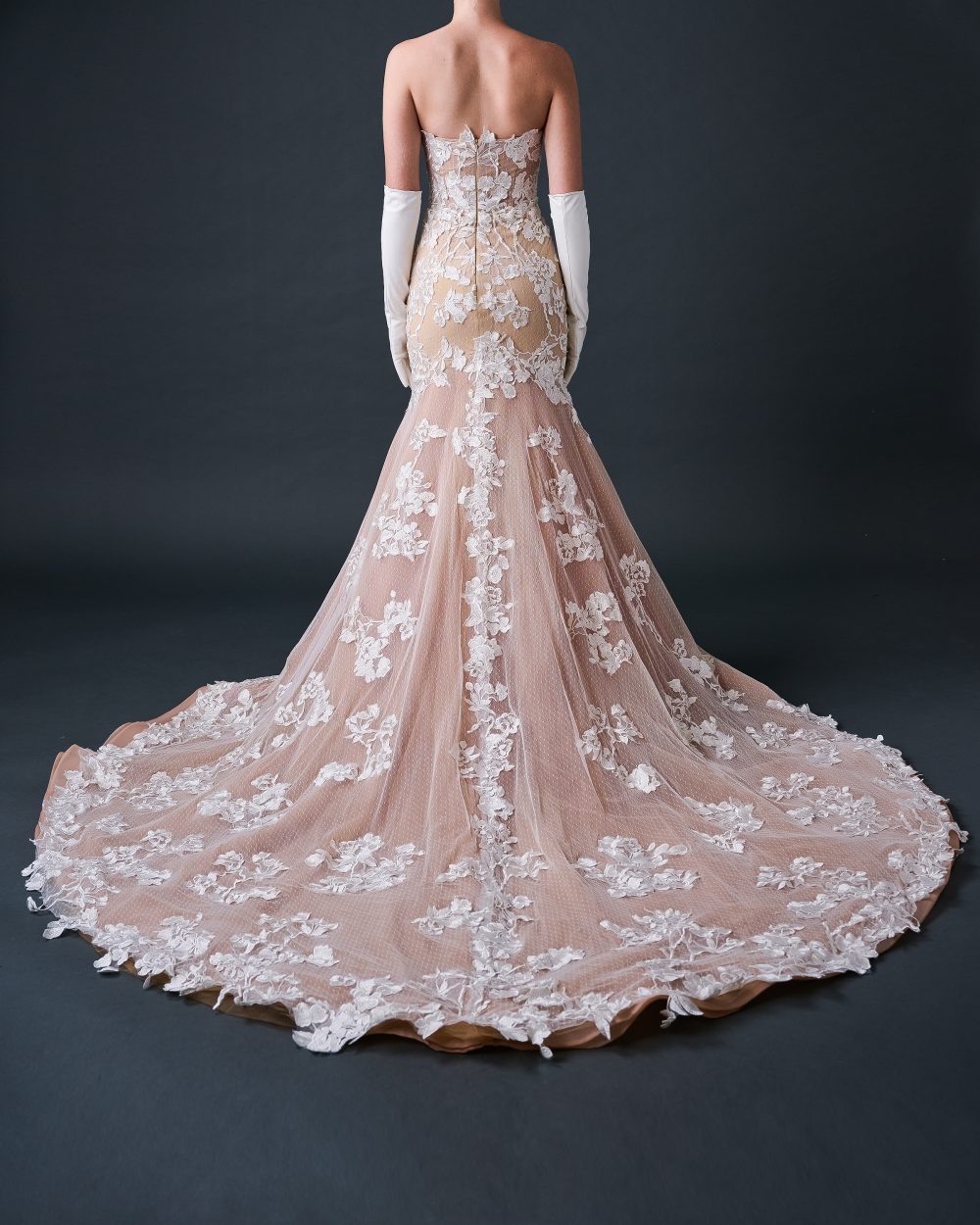 Romantic Strapless Lace Mermaid Wedding Dress – Vintage Nude Elegance - Image 2