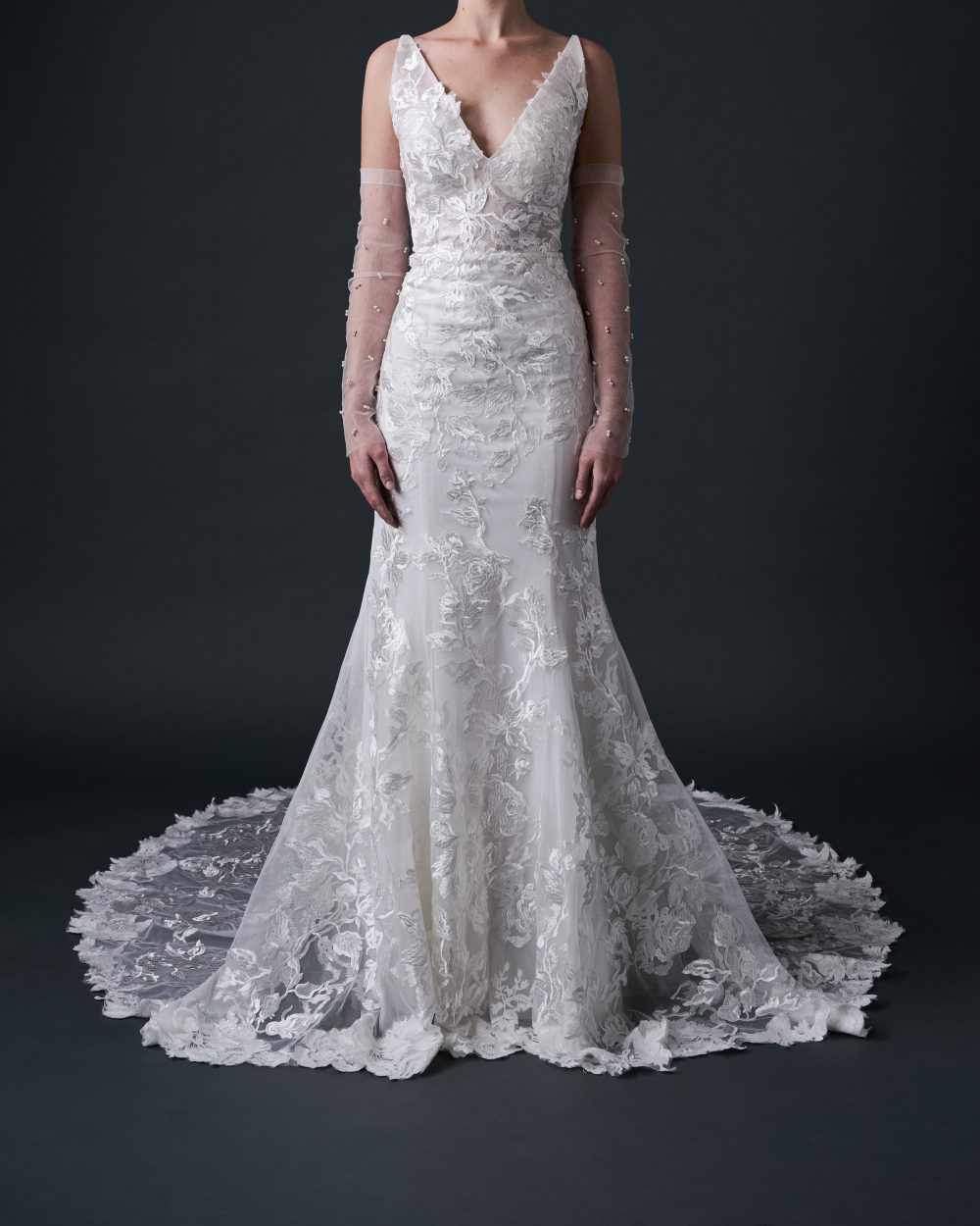 Lace Fit And Flare Wedding Dress With V-Neckline And V-Back