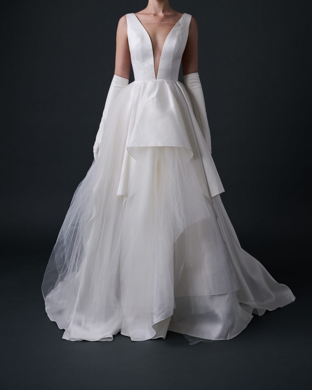 Layered mikado and tulle ball gown with deep V neckline by Guillermo Pharis