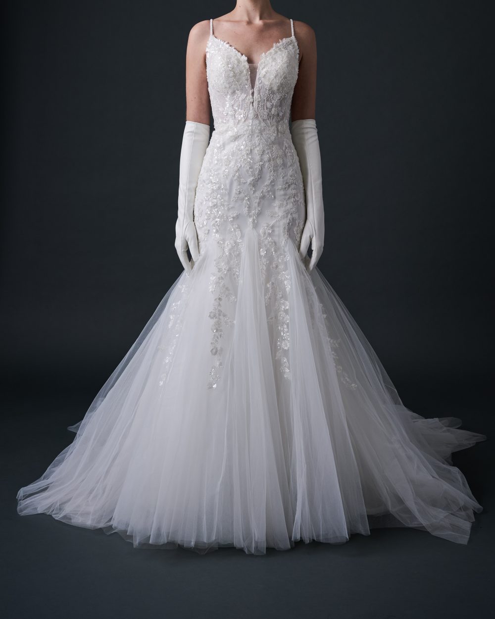Beaded Mermaid Wedding Dress With Spaghetti Straps And V Neckline