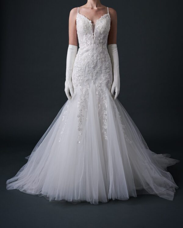 Beaded Mermaid Wedding Dress With Spaghetti Straps And V Neckline