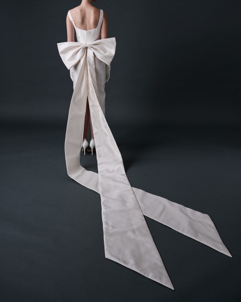 modern mikado column dress, mikado wedding dress, column dress, square neckline bridal gown, wedding dress with bow