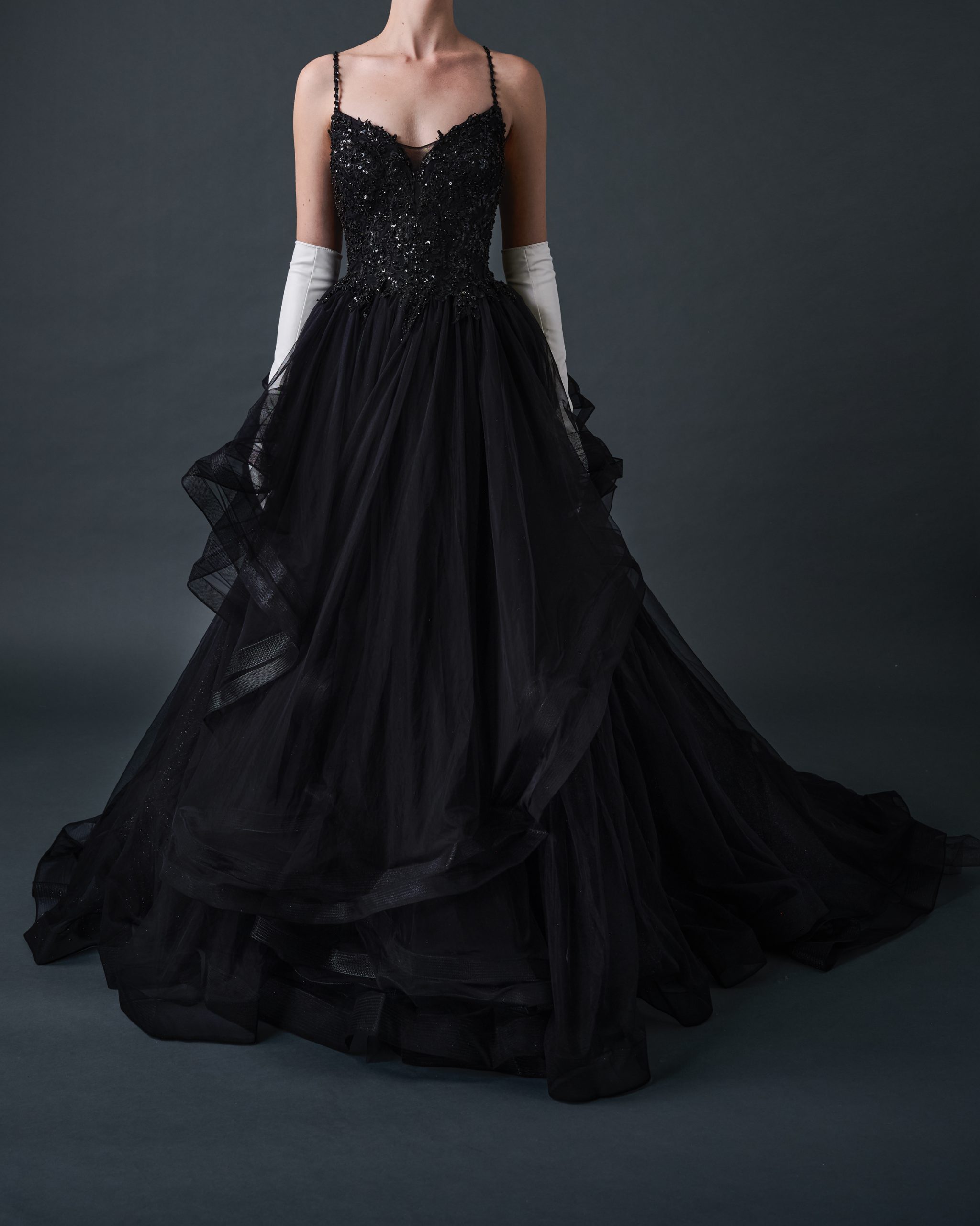Black Tulle Beaded Asymmetrical Wedding Dress