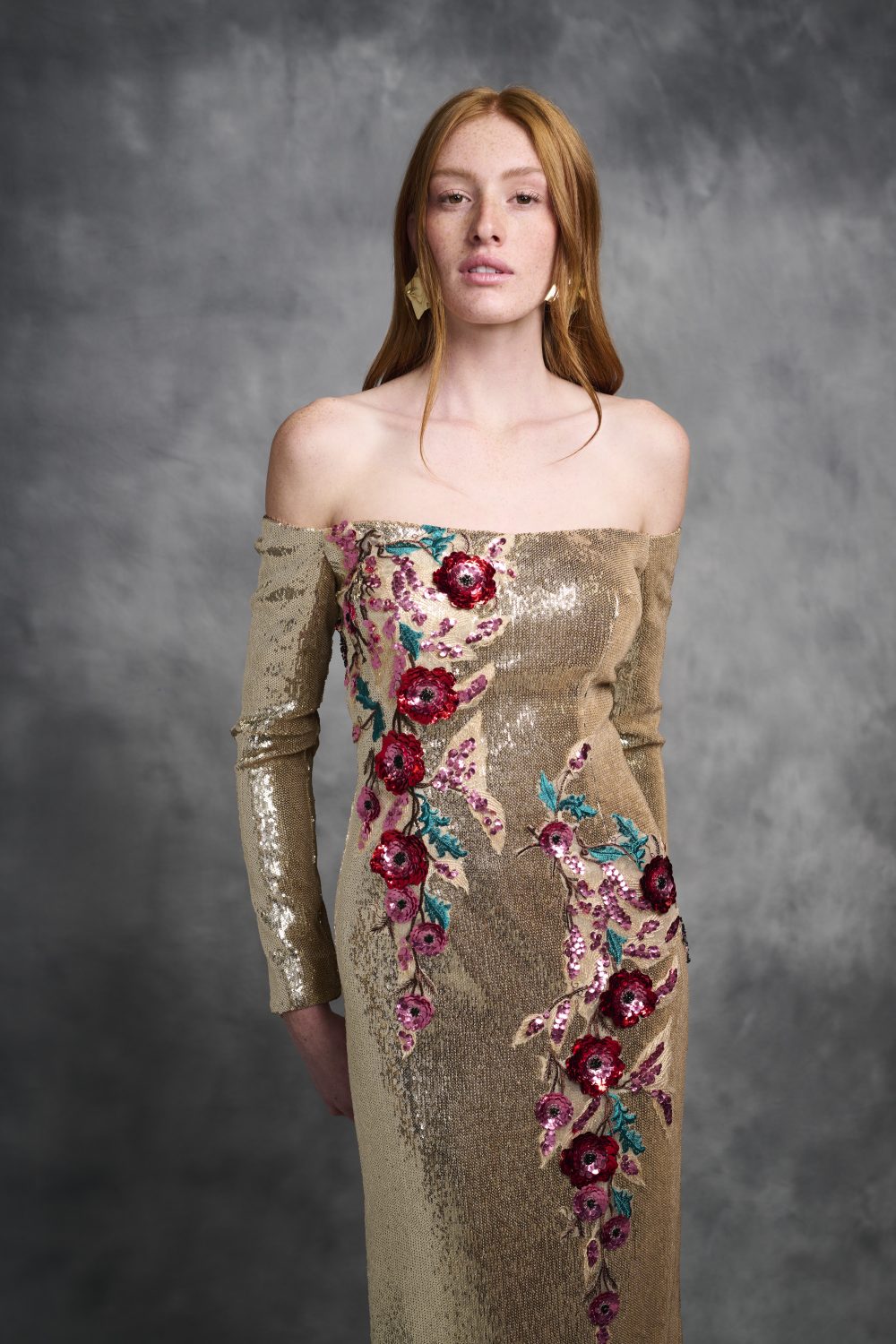 Off-The-Shoulders Gold Sequins Dress With Floral Appliqué - Image 3