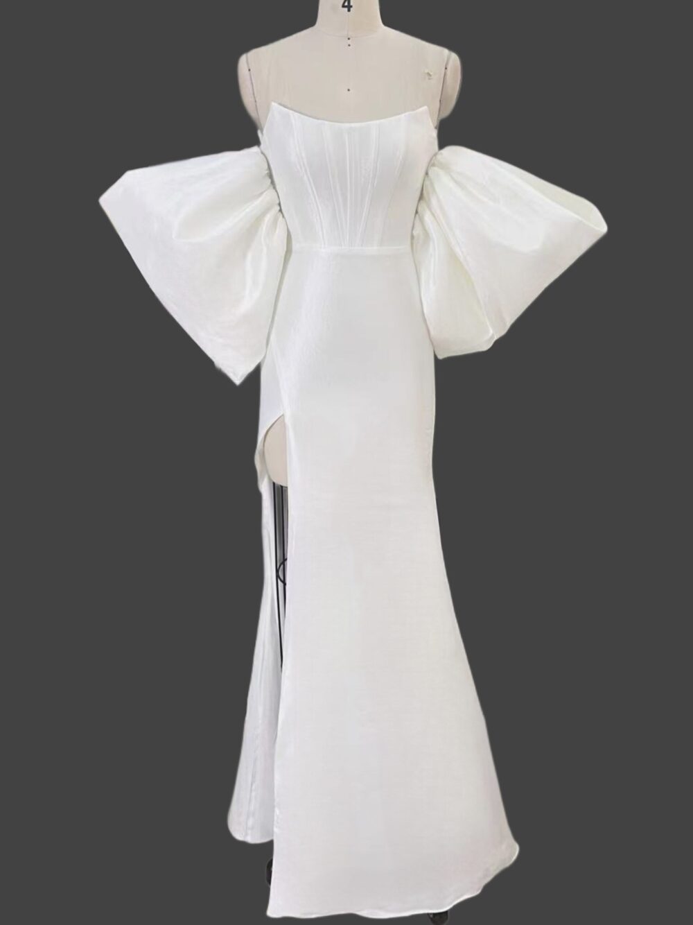 Taffeta Strapless Wedding Dress White dress with Slit And Oversized Sleeves
