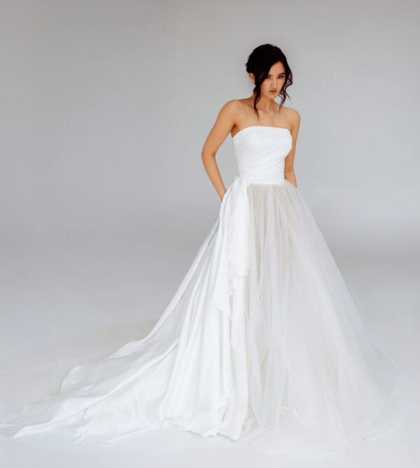 strapless wedding gown satin tulle wedding dress A-line bridal dress modern romanti, wedding gown,bridal gown with tulle skirt, couture wedding dress, wedding dress with pockets, custom made wedding dresses Denver, Guillermo Pharis bridal, draped bodice wedding gown