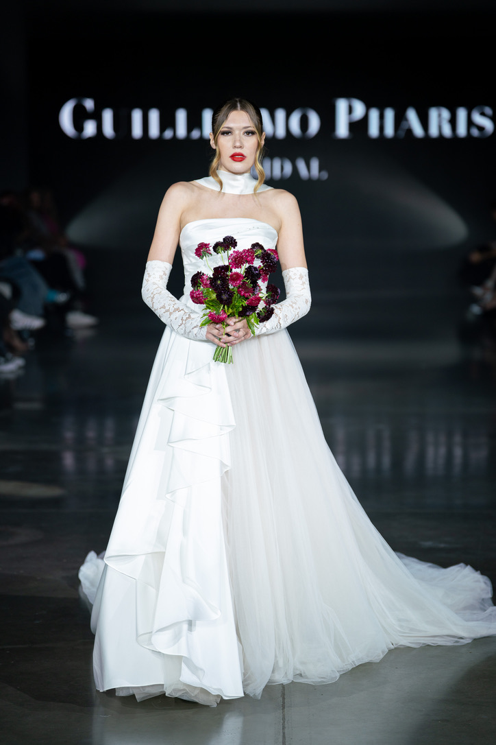 strapless wedding gown satin tulle wedding dress A-line bridal dress modern romanti, wedding gown,bridal gown with tulle skirt, couture wedding dress, wedding dress with pockets, custom made wedding dresses Denver, Guillermo Pharis bridal, draped bodice wedding gown silk scarf